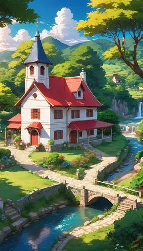 ghibli,studio ghibli,cartoon video game background,butka,landscape background,children's background,Illustration,Japanese style,Japanese Style 03