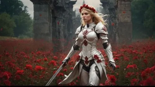 a woman in armor stands in a field of red flowers,cordelia,female warrior,aveline,agron,cirta,field of poppies