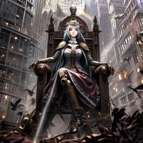 A Young Women Sitting High on her throne when a bird flying above lands on her hand,a gothic fairy sitting in a giant chair,bayonetta,throne,ozen,goddess of justice,edea,crow queen