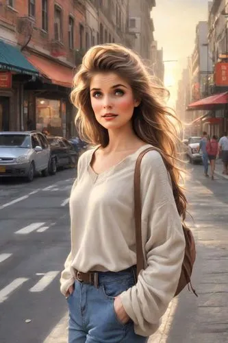 (normal ideal human proportions, real human proportions)(long shoulderlong hair, open flaxen hair)(medium buxom)(inquisitive expression, natural face, natural lips, pale lips)(evening sunset, walking 