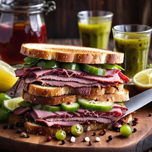 pastrami,bacon sandwich,deli,muffuletta,ham salad,corned beef,club sandwich,open sandwich,beef steak toast,jam sandwich,ham and cheese sandwich,sandwich,food photography,sandwiches,panini,cemita,black forest ham,chivito,cold cuts,bocadillo,Photography,General,Realistic