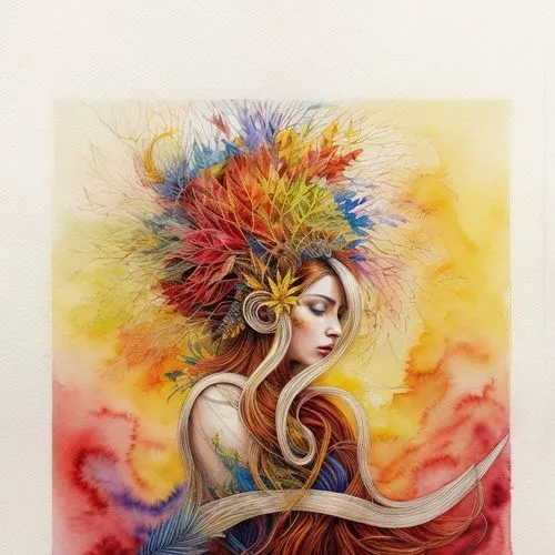 Beautiful watercolor sketch in yellow , red and blue tones. A woman represents Mother Nature, as her hair has the crown of a leafy tree.,color pencils,feather headdress,colour pencils,colored pencils,