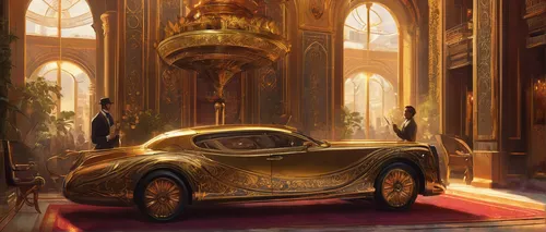 gold lacquer,gold paint stroke,morgan lifecar,delage d8-120,alfa romeo 8c,packard patrician,gold castle,jaguar c-type,art nouveau,bugatti type 57s atalante number 57502,rolls royce car,gold paint strokes,art nouveau design,jaguar xk150,alfa romeo 8c competizione,jaguar xk140,wedding car,jaguar d-type,jaguar xk120,bugatti royale,Illustration,Realistic Fantasy,Realistic Fantasy 28