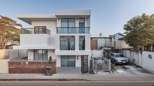 clear and real sky, the lead blocks must be similar to the house, it must be set with people and cars, place light poles, the house must be white and lead colors,woollahra,cubic house,cube house,seidl