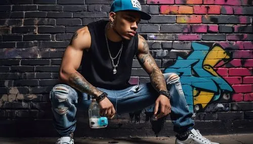 Young male artist, graffiti creator, standing, urban outfit, ripped jeans, black tank top, sneakers, baseball cap, tattoos on arms, holding spray can, paint-stained fingers, city street, night scene, 