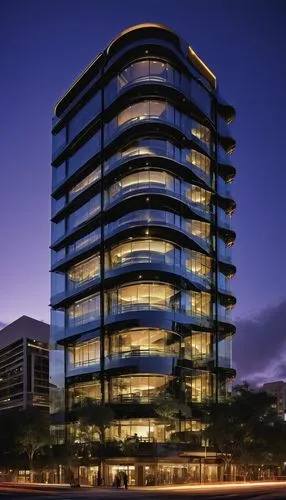 Modern ABC building, futuristic architecture, sleek glass facade, steel framework, angular lines, geometric shapes, LED lights, night view, urban cityscape, high-rise structure, reflective windows, ma