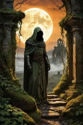 A fantasy artwork depicting an ancient, crumbling ruin slowly being overtaken by creeping, sentient vines and foliage, a hooded figure standing amidst the decaying stones, the eerie, orange glow of th