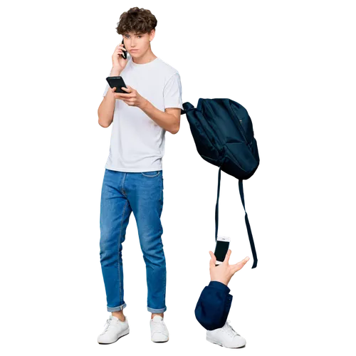 Hand holding smartphone, male, young adult, casual clothes, white shirt, denim pants, Adidas sneakers, fingers grasping phone, thumbs pressing screen, screen displaying video downloading progress bar,