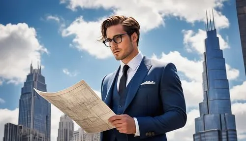 Mid-30s male, architectural designer, Harlow, bespectacled, messy brown hair, stubble, white shirt, black tie, dark blue suit, holding a blueprint, standing in front of a modern skyscraper, cityscape,