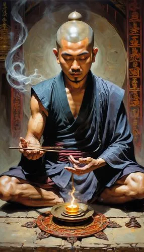 buddhist mAgician showing his skills,a monk sitting on a table while holding his incense,tulku,bhikkhuni,bhikkhu,bhikkhus,bhikshu,bhikkhunis,Conceptual Art,Fantasy,Fantasy 15