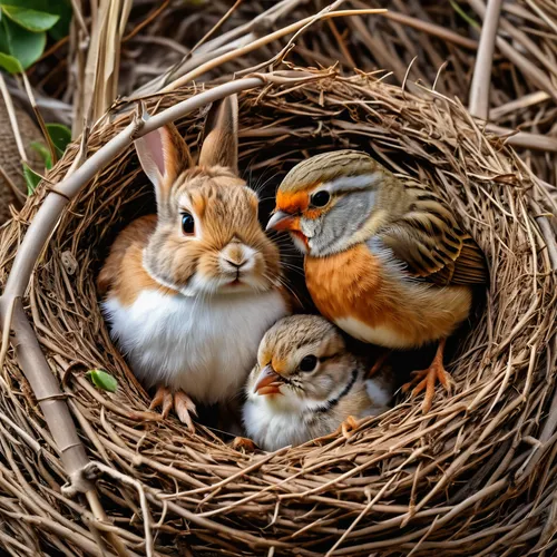 An rabbit and a sparrow in a bird's nest.,easter nest,robin's nest,rabbit family,spring nest,nest,nesting,parents and chicks,nesting place,nestling,harmonious family,bird nest,baby bluebirds,eggs in a