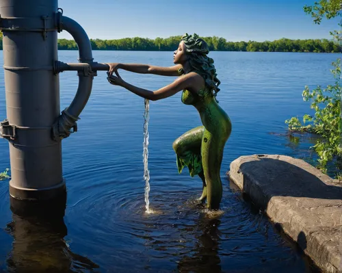 A water nymph watching a sewer pipe spew pollution into the lake,water nymph,merfolk,green water,green mermaid scale,woman at the well,water plant,crocodile woman,water power,green algae,missisipi ali