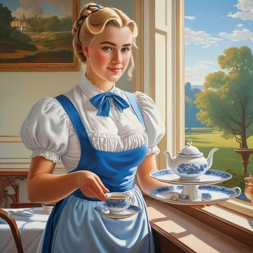 woman drinking coffee,maidservant,waitress,housemaid,dirndl,fraulein,woman holding pie,darjeeling,hostess,milkmaid,tea time,woman at cafe,milkmaids,pouring tea,housewife,maid,schoolmarm,cuppa,girl with cereal bowl,british tea,Art,Artistic Painting,Artistic Painting 06