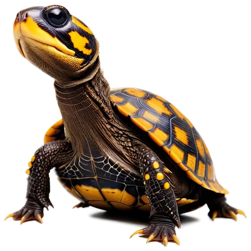 adult, brown shell, yellow stripes, big head, strong jaws, short legs, claws, sitting, looking up, realistic, high contrast lighting, shallow depth of field, 3/4 composition. Female Box Turtle,eastern