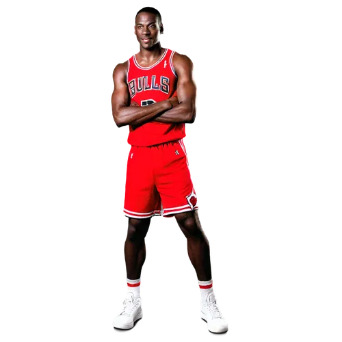 Michael Jordan, basketball legend, standing pose, confident smile, athletic build, black hair, piercing eyes, iconic Jumpman logo on chest, red and black Chicago Bulls jersey, white sneakers, muscular