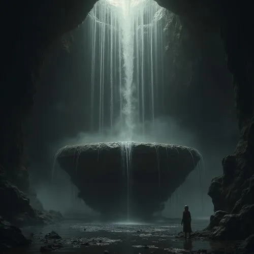 La escena de "La Fuente de la Sabiduría" surge ante los ojos como una visión oscura y poderosa. Desde lo alto, casi perdido en las sombras de una caverna titánica, siete finos chorros de agua brotan c