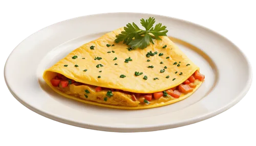 omelet, delicious food, French cuisine, folded omelet, golden brown color, soft texture, sprinkled parsley, white plate, morning sunlight, shallow depth of field, warm color tone, 3/4 composition, clo