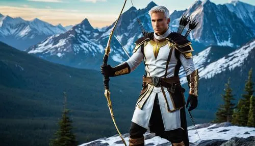 cullen skink,male elf,witcher,paladin,archer,silver arrow,norse,templar,massively multiplayer online role-playing game,digital compositing,excalibur,grey fox,male character,heroic fantasy,longbow,bow and arrows,elven,nordic,king arthur,cable,Illustration,Realistic Fantasy,Realistic Fantasy 45