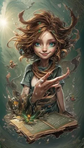 Una chica 3D hiperrealista preciosa ojos simétricos verdes intenso intrincada con.muchos colores diseños fractales 32K,spellbook,magic book,mystical portrait of a girl,storybook character,sci fiction 