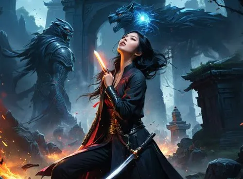 Dynamic action scene in a modern graveyard. A beautiful tall young asian woman with straight black hair and fancy court robes holds a katana and is blocking an attack from an ancient male lich with a 