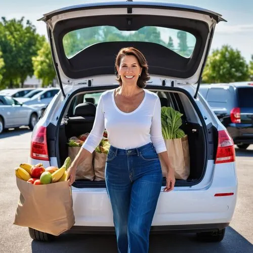 a happy white latin mom, puting groceries bags in her sedan trunk, with photorealistic details, high resolution, high quality, high detail, high sharpness, high color contrast, high natural light, hig