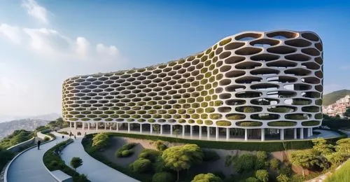 building inspiration from honeycomb , context in the moutain and have the same building in context ,this futuristic building is made up of multiple stacks of circular tires,building honeycomb,honeycom