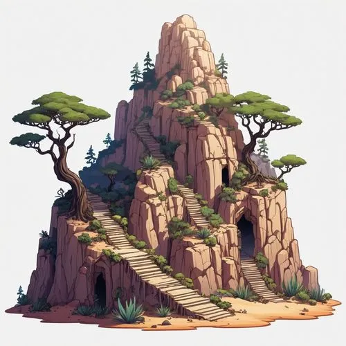 2d side sprite of a anime colored spooky desert canyon forest mountain structure, transparent background,an image of some very nice rocks and trees,mountain stone edge,cliffside,stacked rock,sandstone