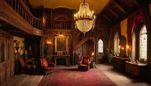 Medieval-inspired castle interior, grand high ceiling, stone walls with torches, Gothic windows, lavish furniture, ornate throne, crimson carpet, intricate wooden paneling, cobblestone floor, majestic