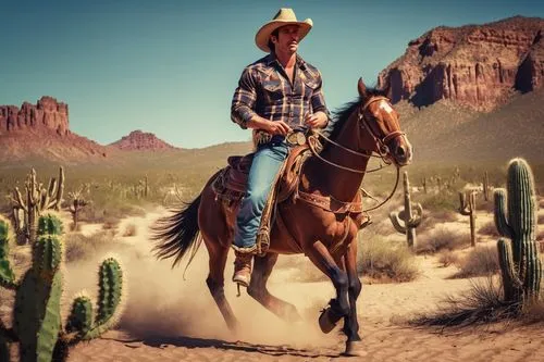 Wild west bronco, cowboy riding horse, muscular man, rugged facial features, strong jawline, messy brown hair, worn leather boots, faded denim jeans, plaid shirt, wide-brimmed hat, lasso rope, desert 