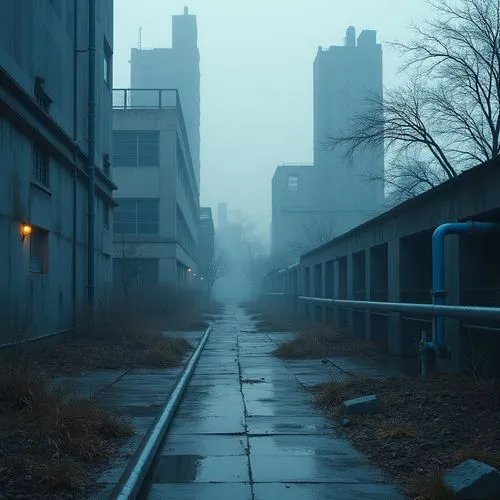 urban landscape,scampia,alleyway,alleyways,alley,foggy day,umist,dense fog,norilsk,sanatoriums,chernobyls,industrial landscape,apartment blocks,ballymun,foggy bottom,kurilsk,blind alley,pripyat,old linden alley,disused,Photography,General,Realistic