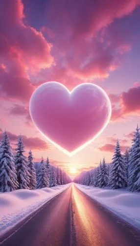 there is a heart shaped cloud in the middle of a snowy road, big pink sphere high in the sky, concept art of love, dreamy art, heaven pink, beautiful digital artwork, pink sky, beautiful digital art, 