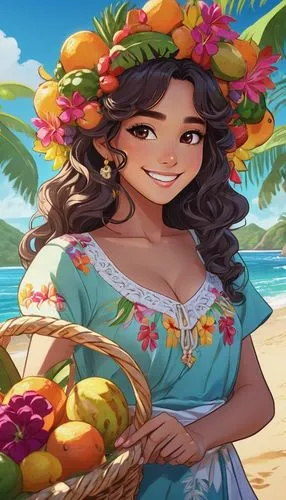 Anime girl, El Salvador traditional clothing, colorful embroidery, bright smile, big brown eyes, long curly dark hair, flower crown, vibrant makeup, tropical fruit basket, palm trees, beachside, sunny