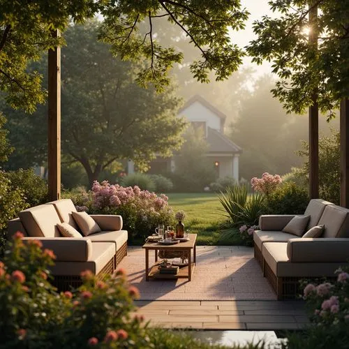 garden bench,summer cottage,landscaped,home landscape,porch swing,outdoor furniture,front porch,idyllic,outdoor table and chairs,beautiful home,landscaping,backyard,garden furniture,summer evening,daybed,terrace,patio furniture,sunroom,garten,porch