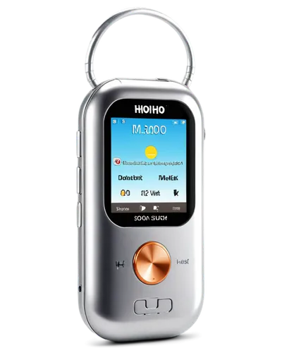 Portable music player, silver body, shiny surface, rounded edges, earbuds connected, screen displaying song title, HoHo logo on front, metallic buttons, mini USB port, clip on back, morning sunlight, 