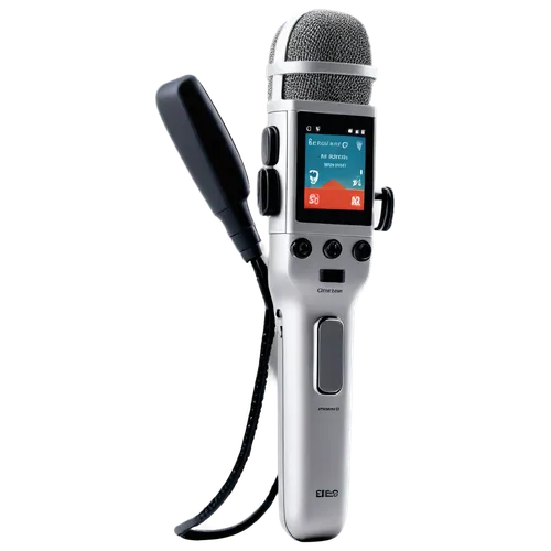 Recorder, handheld device, sleek design, silver body, black buttons, rotating wheels, microphone on top, USB port, 3/4 composition, shallow depth of field, soft lighting, cinematic rendering, PNG tran