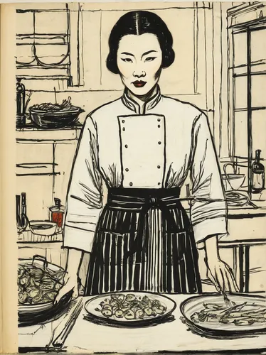 girl in the kitchen,cool woodblock images,cooking book cover,woodblock prints,soba,korean royal court cuisine,food and cooking,cooking,kitchen work,soba noodles,stir-fried morning glory,woodblock printing,cookery,housewife,food preparation,chef's uniform,homemaker,pajeon,asian cuisine,rice noodles,Art,Artistic Painting,Artistic Painting 01