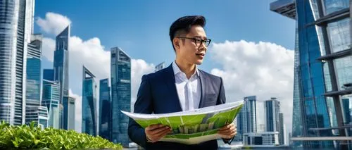 Modern Singaporean architect, 30s, professional attire, glasses, neat haircut, holding blueprints, standing in front of a sleek skyscraper, glass and steel structure, rooftop garden, cityscape backgro