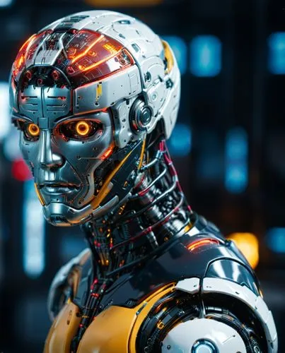 AA robot is staring at the observer in a threating way,a robot in front of a dark background with red light,cyborg,robotman,cyberdyne,chappie,cybernetic,cyberdog,Photography,General,Sci-Fi