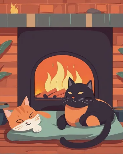 Describe a cozy scene of a cat napping by a warm fireplace.,saganaki,warm and cozy,warmth,fireside,fireplace,hygge,fireplaces,log fire,warming,campfire,fire place,yule log,two cats,cat furniture,loave