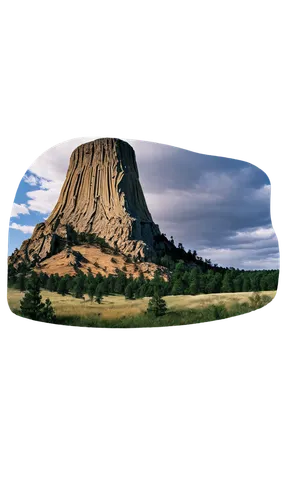 Devil's Tower, Wyoming, national monument, rock formation, unique shape, 865ft tall, narrow tower, wide base, rugged texture, brown-red color, dramatic cloudy sky, afternoon sun, warm lighting, low an