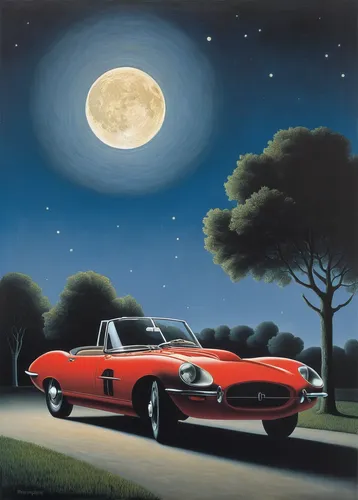 moon car,sunbeam alpine,ford thunderbird,muscle car cartoon,american classic cars,chevrolet corvair,classic cars,saturn s-series,plymouth superbird,night scene,honeymoon,buick classic cars,ford starliner,tenth generation ford thunderbird,ford galaxy,vintage cars,austin cambridge,classic car,automotive decor,retro automobile,Art,Artistic Painting,Artistic Painting 06