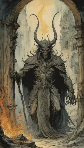 hinnom,cauldron,death god,walpurgis night,sepulchre,krampus,devilwood,daemon,minotaur,end-of-admoria,summoner,horn of amaltheia,pall-bearer,heroic fantasy,cawl,horned,devil,diablo,dungeons,lucifer,Illustration,Paper based,Paper Based 29