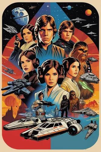 Design a captivating Star Wars poster showcasing the diverse and colorful characters of the original trilogy. Include Luke Skywalker, Princess Leia, Han Solo, Chewbacca, and others, each in dynamic po