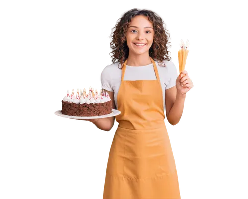 Happy girl, holding cake with candles, big smile, bright eyes, curly brown hair, light makeup, yellow dress, white apron, standing, 1/2 composition, warm lighting, soft focus, shallow depth of field, 