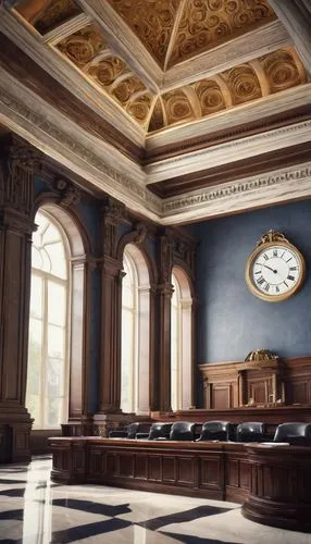 Modern courthouse, grand stone building, neoclassical style, Corinthian columns, large dome, clock tower, intricate carvings, marble floors, wooden benches, solemn atmosphere, judge's podium, lawyer's