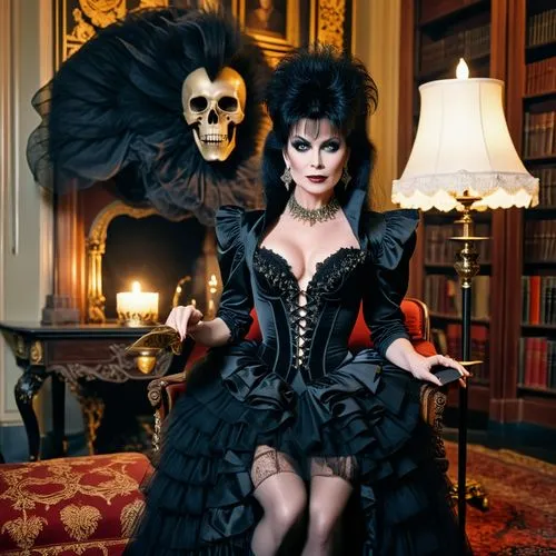 Elvira Mistress of the Dark ( Kinofilm 1988 )

Elvira sitzt späht abends in einen alten bequemen ausladenden Viktorianischen Sessel und liest ein buch bei Kerzenlich,gothic portrait,catrina calavera,g