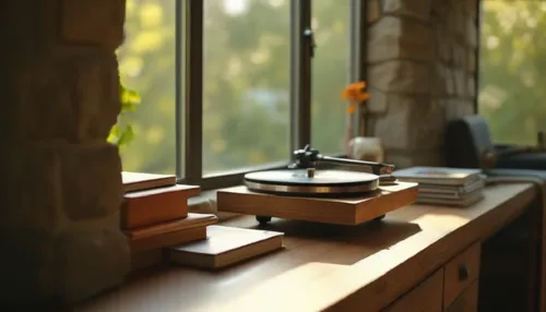 a turntable sits on a dresser in front of the window,wooden desk,writing desk,wooden windows,tilt shift,desk,vinyl player