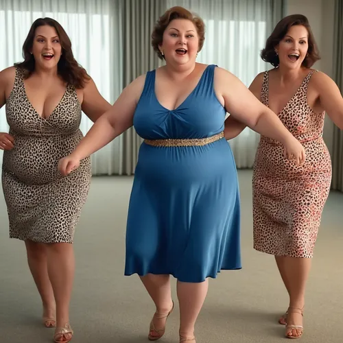 Five chubby aunt, low cut dress, dancing with familly,plus-size model,plus-size,plus-sized,bridal party dress,vanity fair,leg dresses,step and repeat,women's clothing,go-go dancing,dress to the floor,