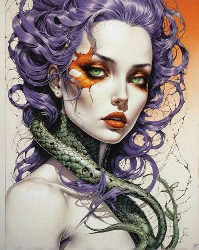 medusa,medusa gorgon,gorgon,poison ivy,la violetta,siren,tendrils,cayenne,fantasy art,veil purple,fantasy portrait,passionflower,deadly nightshade,color pencils,art book,ivy,widow flower,mermaid vectors,illustrator,dryad