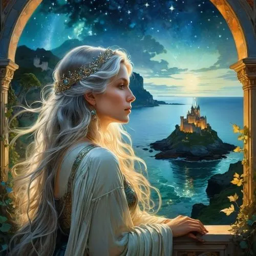 the beautiful wise woman looks out into the sea and island castle all lit up,galadriel,fantasy picture,celeborn,fantasy art,glorfindel,finrod